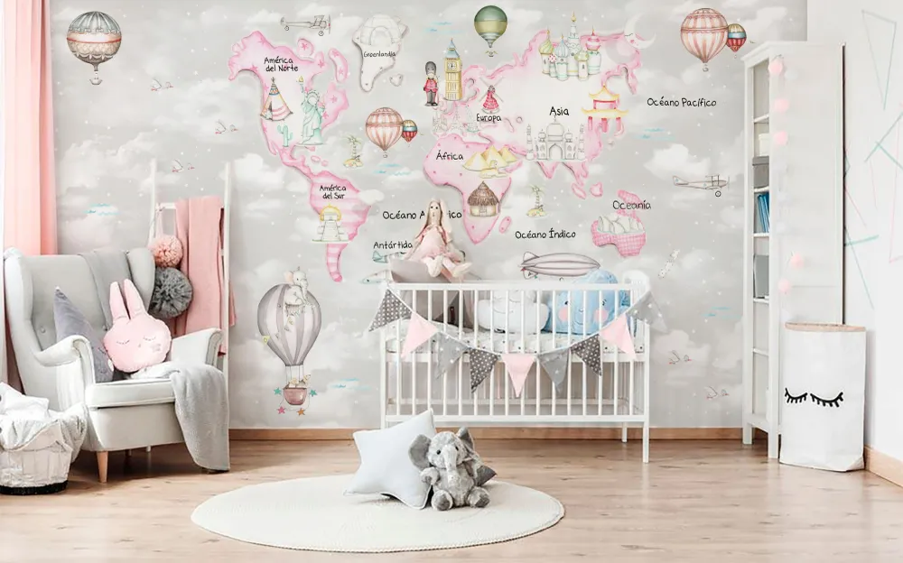 MAPA MUNDI TRAVEL ROSA F.GRIS Mural de papel pintado Il Mondo di Alex