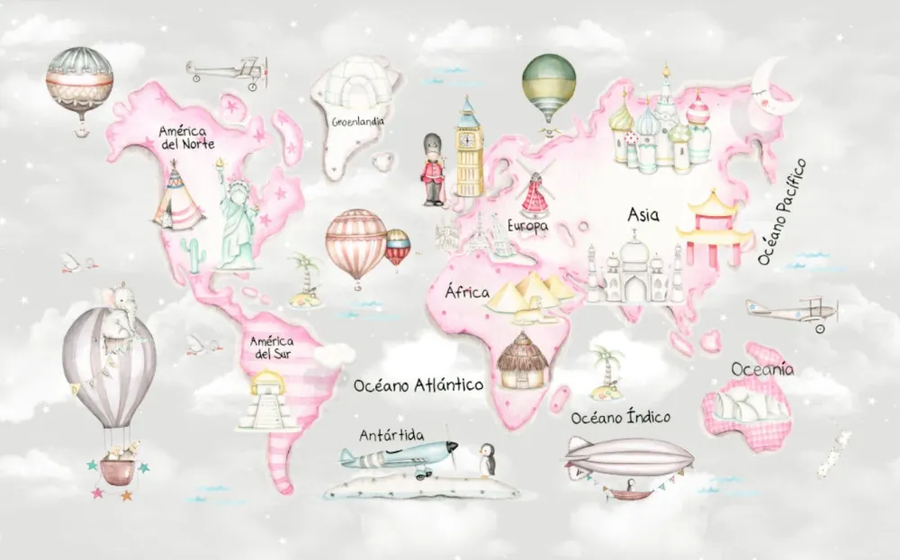 MAPA MUNDI TRAVEL ROSA F.GRIS Mural de papel pintado Il Mondo di Alex