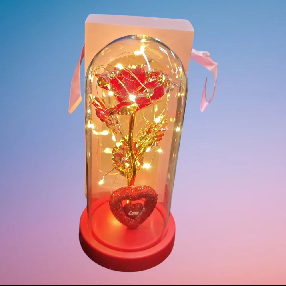 ROSA FRASCO CON LUZ LOVE DORADO Importacion Luna