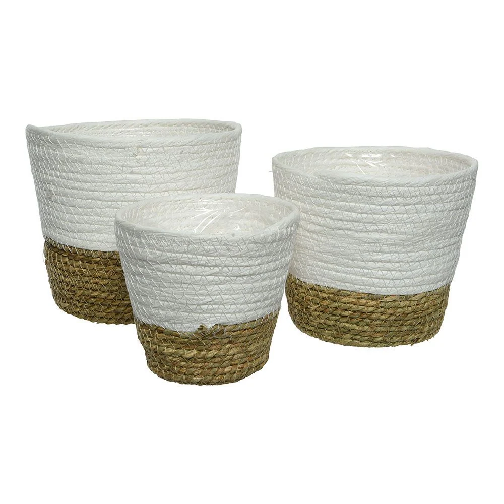 CUBRE MACETERO DE CUERDA PARA DECORAR DE MIMBRE Y BLANCO, SET DE 3 PÌEZAS KSD