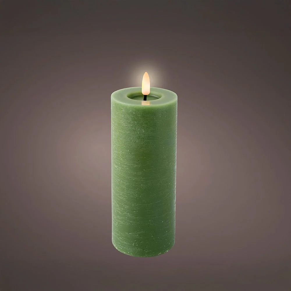 VELA DE CERA LED, COLOR VERDE, ACABADO RÚSTICO, Ø7 x 19 cm LUMINEO