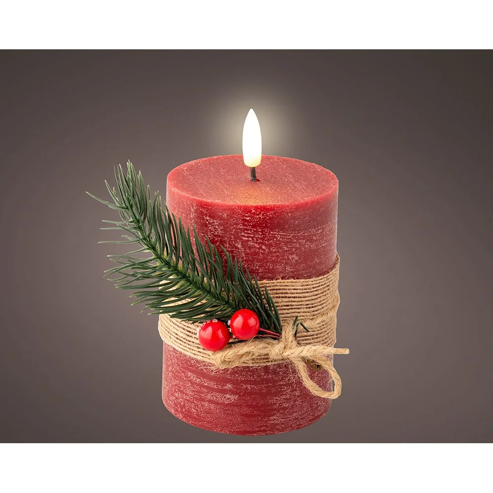 VELA DE CERA LED EFECTO LLAMA, COLOR ROJO, SUPERFICIE RÚSTICA CON RAMILLETE Ø7,5 x 13 cm LUMINEO