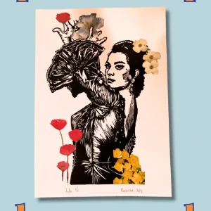 Lámina Lola con Flores - Collage Linóleo Macarena
