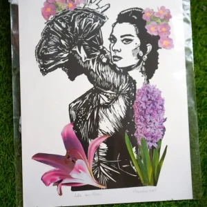 Lámina Lola con Flores - Collage Linóleo Macarena
