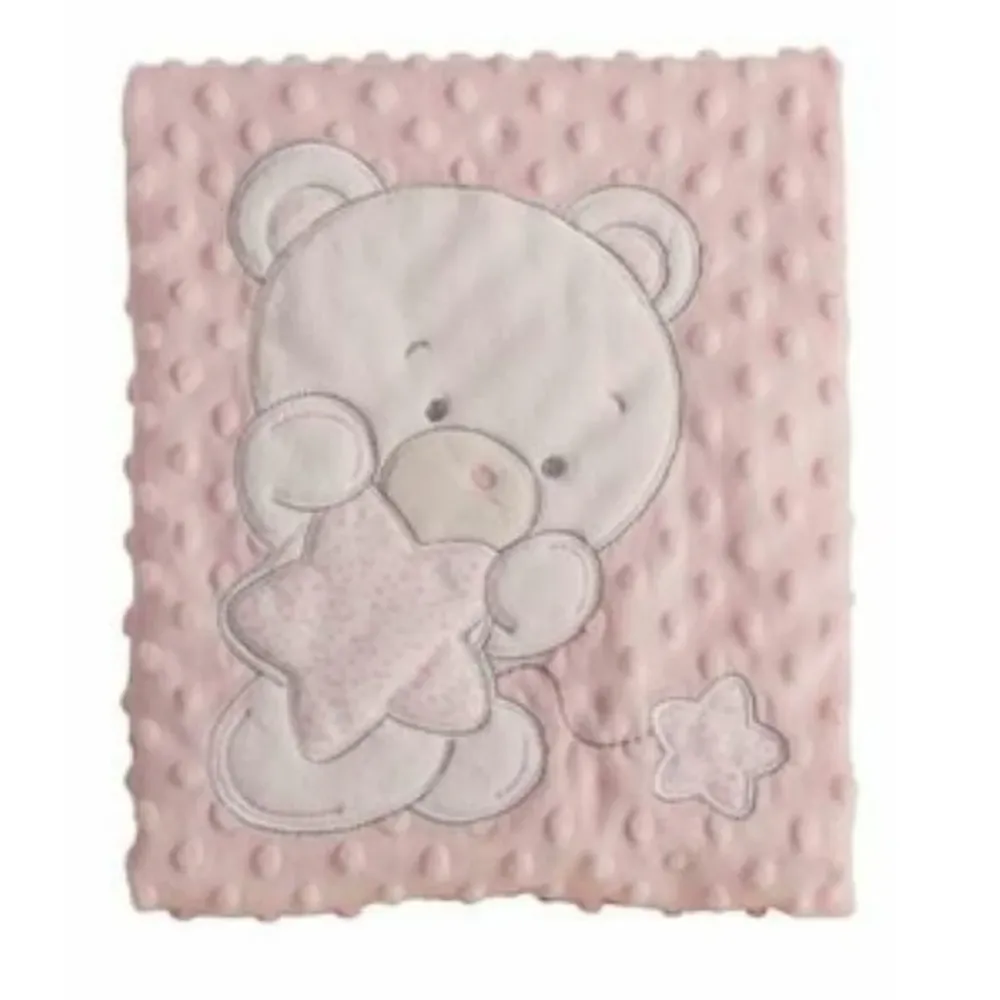 Manta rosa para bebe recién nacido sofá cama. Manta infantil color rosa bordado osito