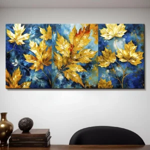 Lienzo Arte Abstracto Estilo Óleo Plantas Dorado Y Azul 118x55cm Marketplace - PD