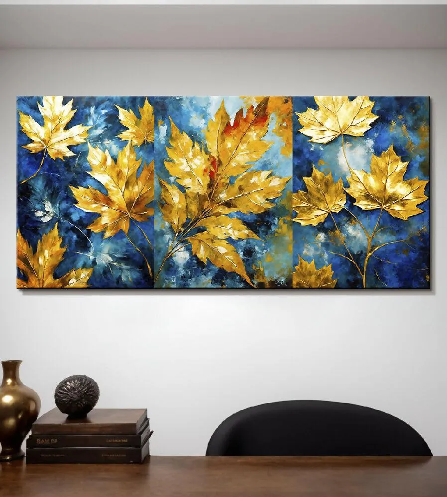 Lienzo Arte Abstracto Estilo Óleo Plantas Dorado Y Azul 118x55cm Marketplace - PD