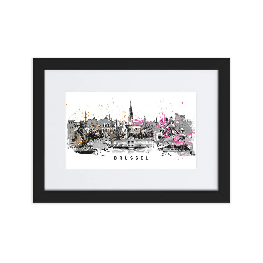 Cartel con passepartout - horizonte de Bruselas Negro Marko Kurth