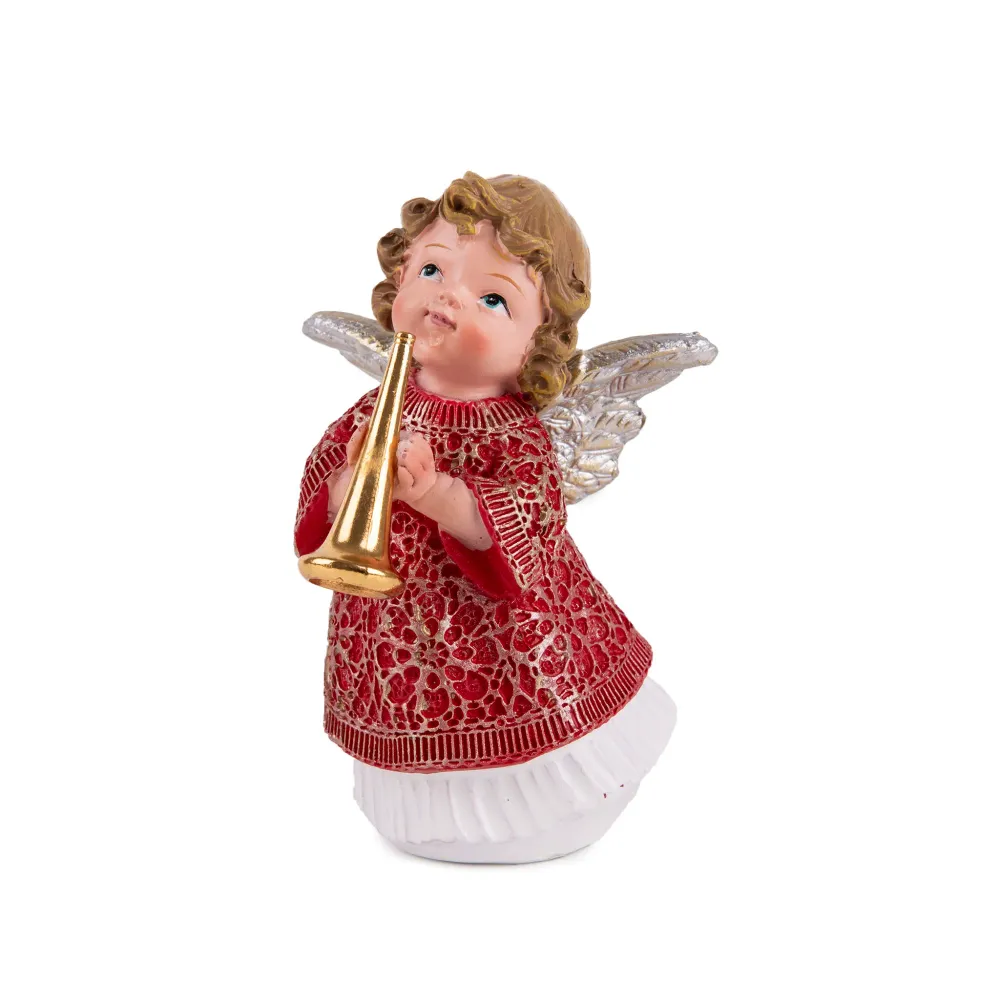 Ángel de Navidad tocando la trompeta con túnica roja Maxim Bolzano