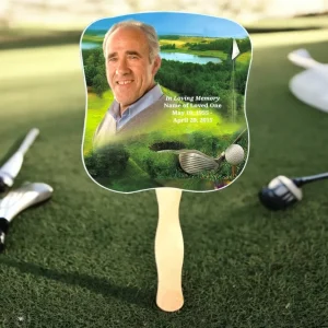 Abanico conmemorativo de cartulina de golfista con mango de madera (paquete de 10) Memorial Keepsakes