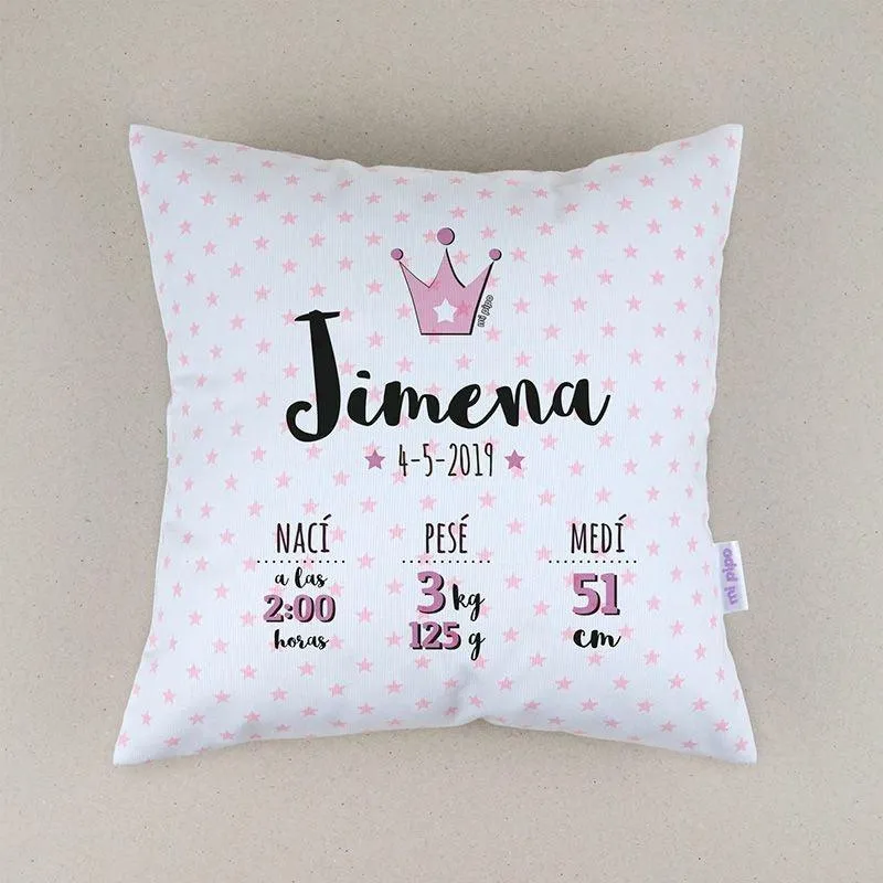 Cojín Personalizado Datos Nacimiento Bebé Mi Pipo Corona Rosa