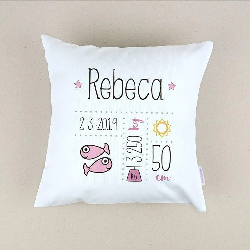 Cojín Personalizado Datos Nacimiento Bebé Mi Pipo Horoscopo Rosa