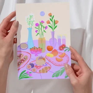 Lámina merienda con flores (fondo beige A5) Natalia Fuentes