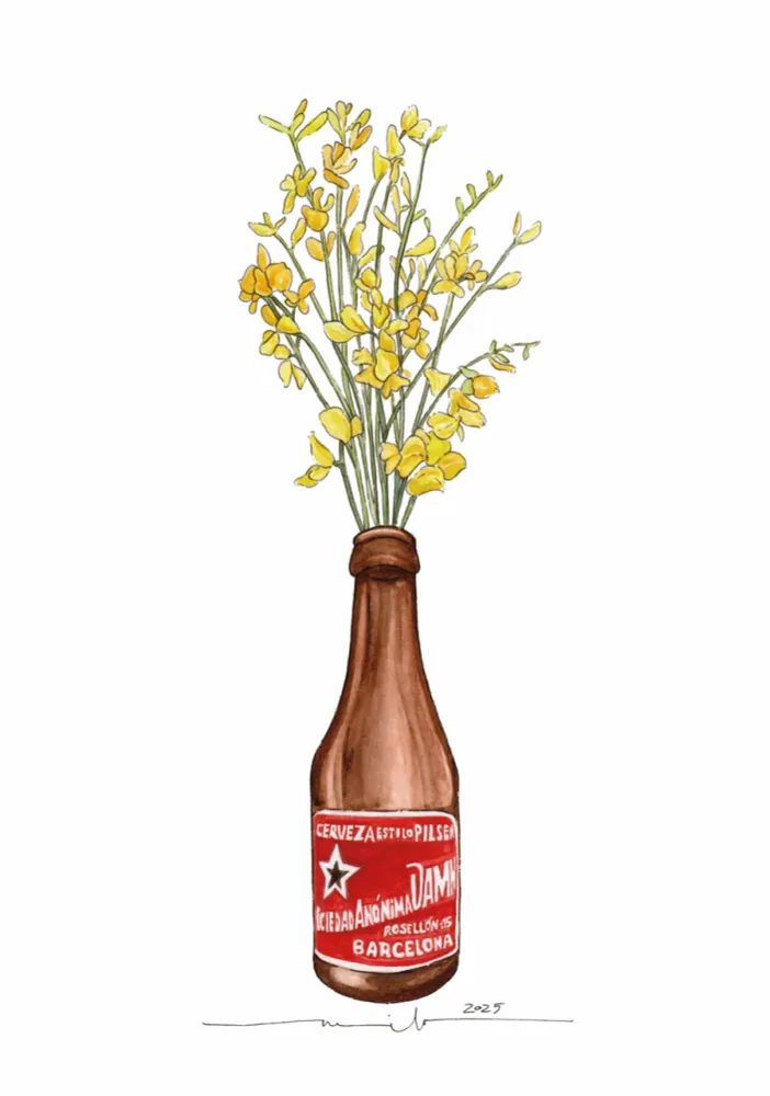 Lámina Botellín Estrella Damm con flores amarillas (ginesta) Neilo
