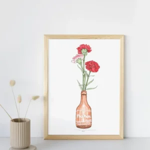 Lámina Botellín Mahou con flores claveles rojos Neilo