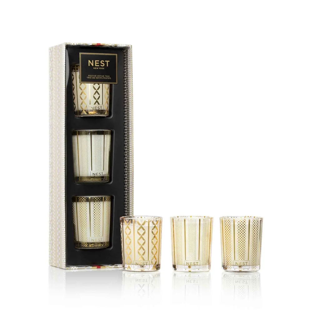 TRIO DE VELAS VOTIVAS - HOLIDAY, BIRCHWOOD PINE, CRYSTALLIZED GINGER & VANILLA BEAN NEST FRAGRANCES