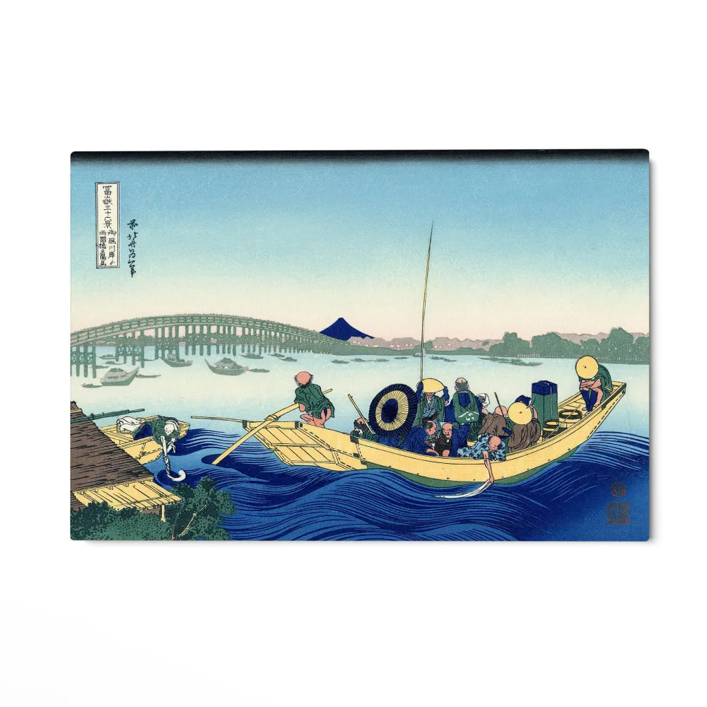 Atardecer través del puente Ryōgoku desde la orilla del río Sumida en Onmayagashi, Katsushika Hokusai OGC