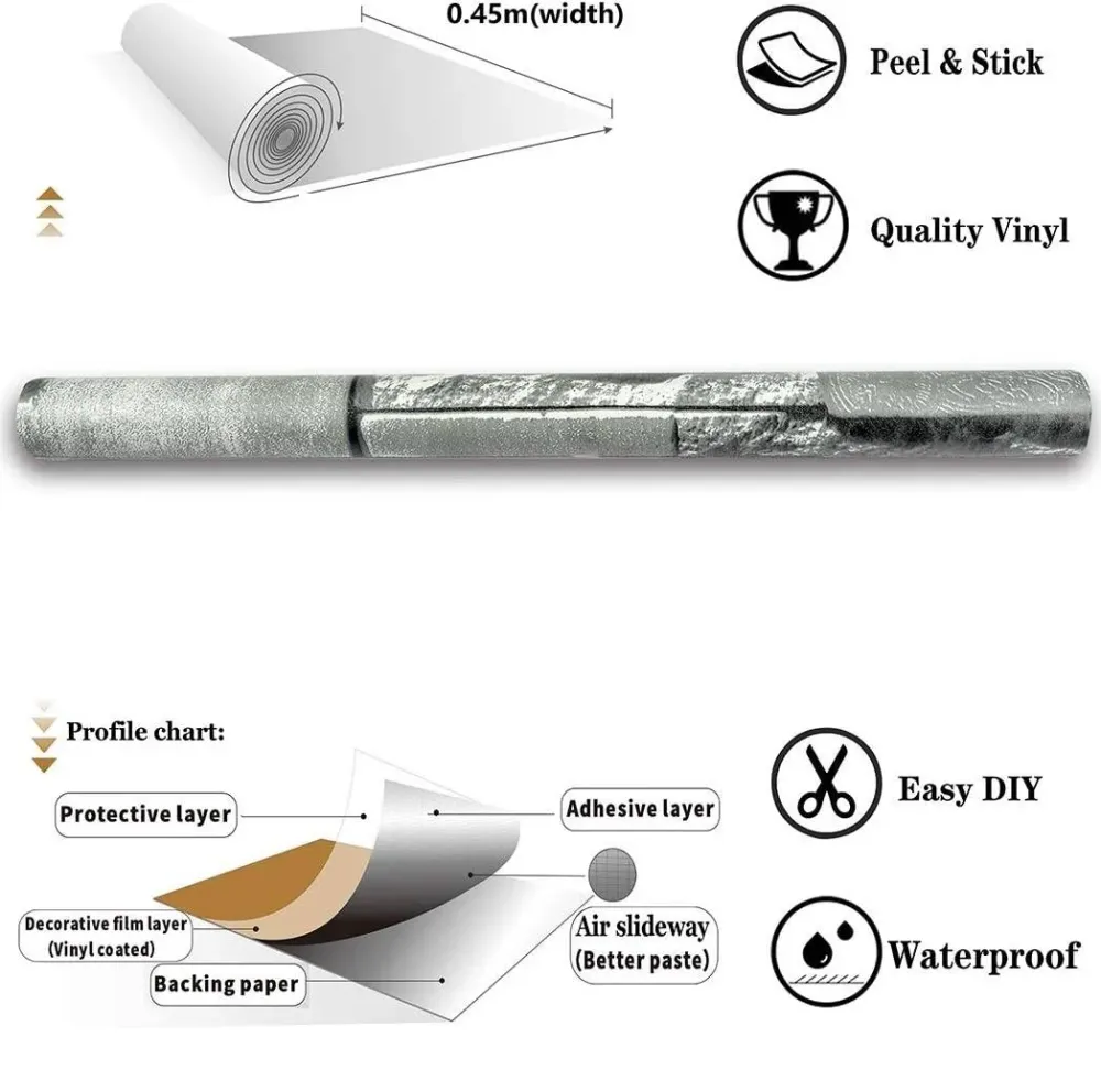 Papel Tapiz Piedra Laja Gris Autoadherible Pared 45cm X 10m Decorativo