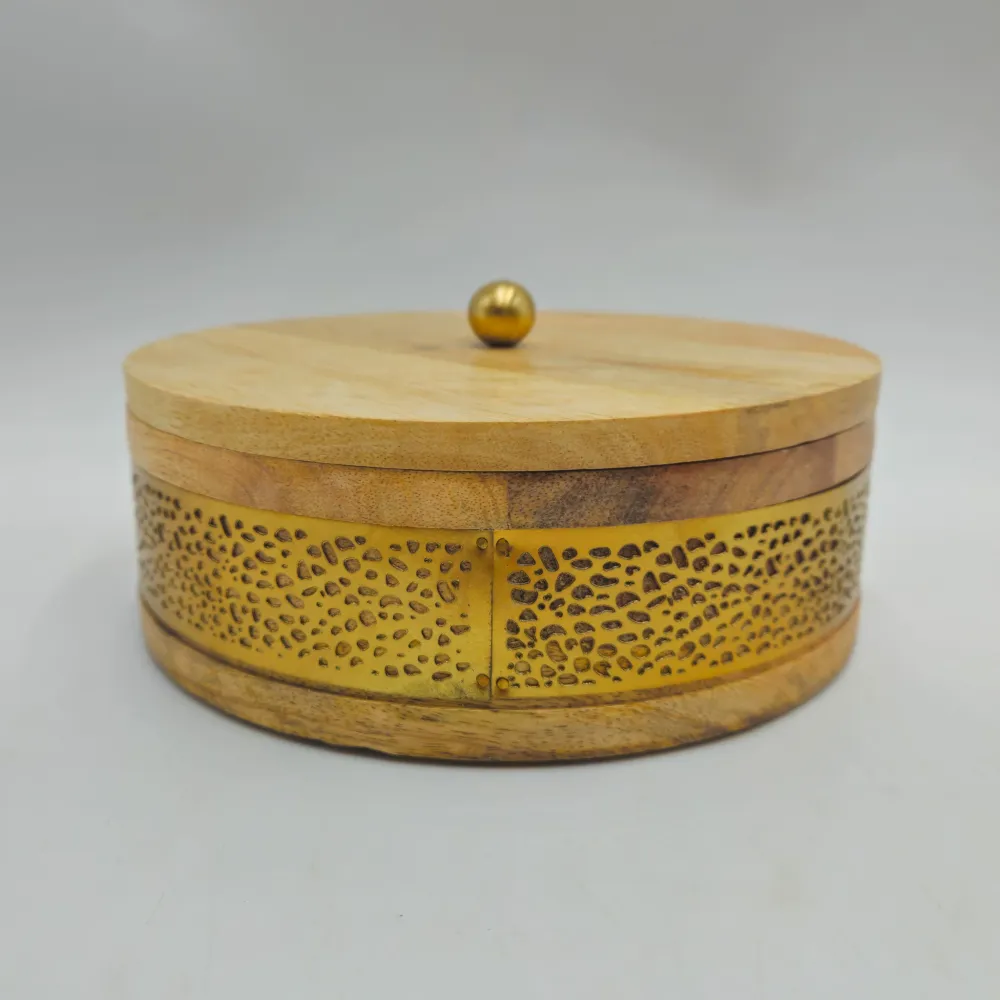 Caja madera redonda metal dorado M 20x8 cm Petra Decora