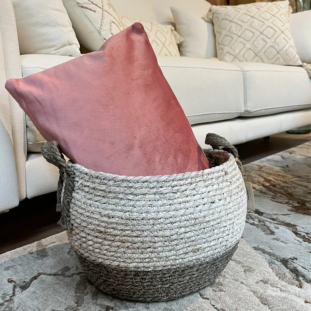 Cesta yute redonda blanca y gris Petra Decora