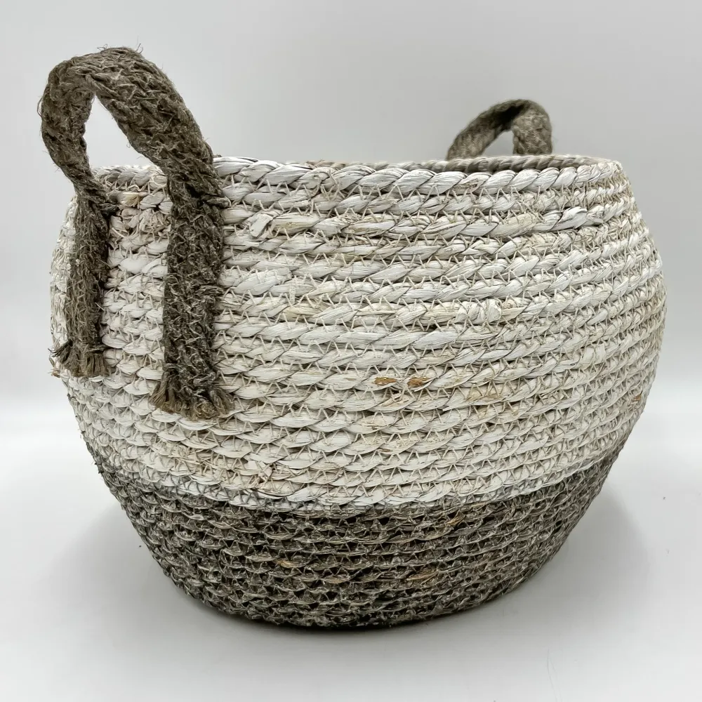 Cesta yute redonda blanca y gris Petra Decora