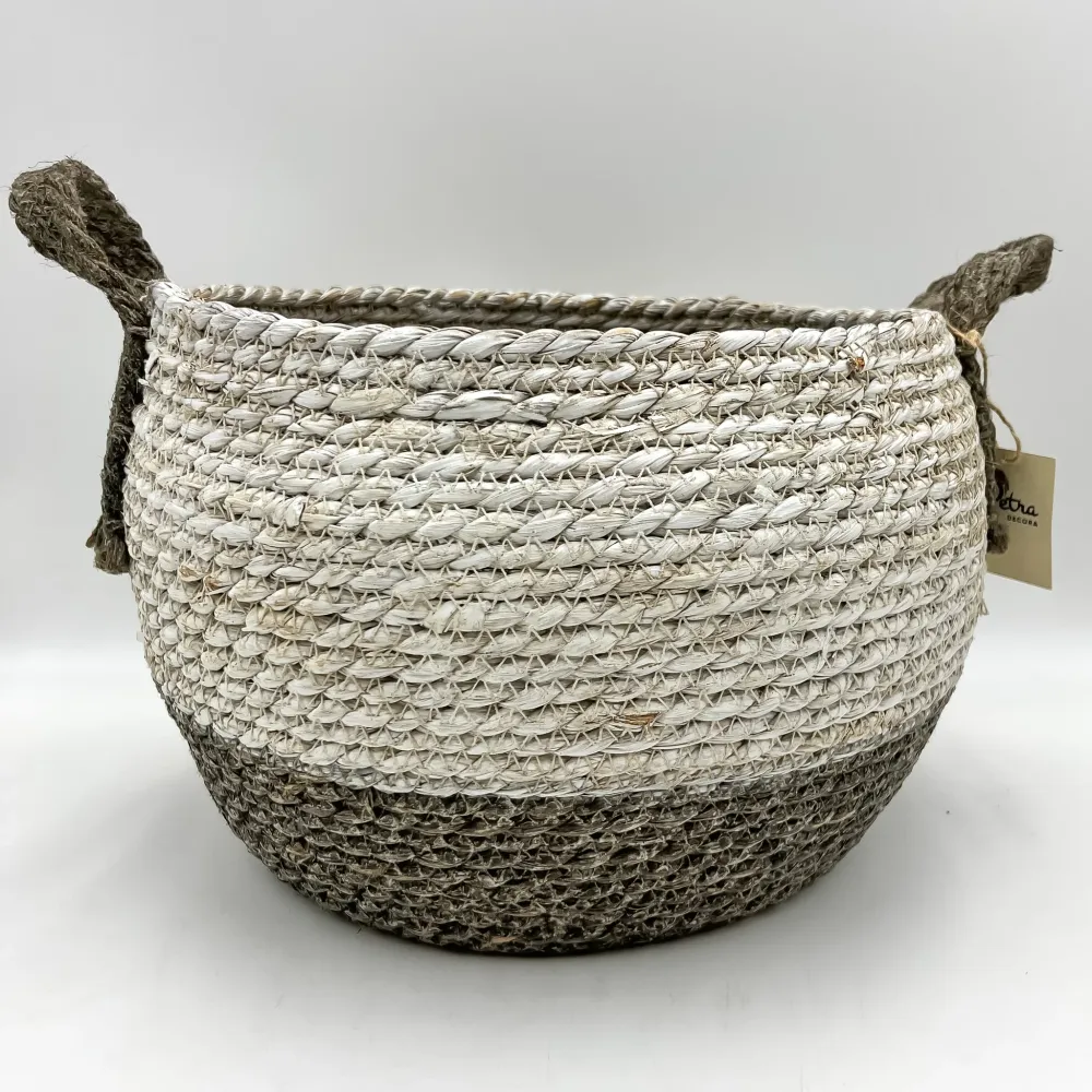 Cesta yute redonda blanca y gris Petra Decora