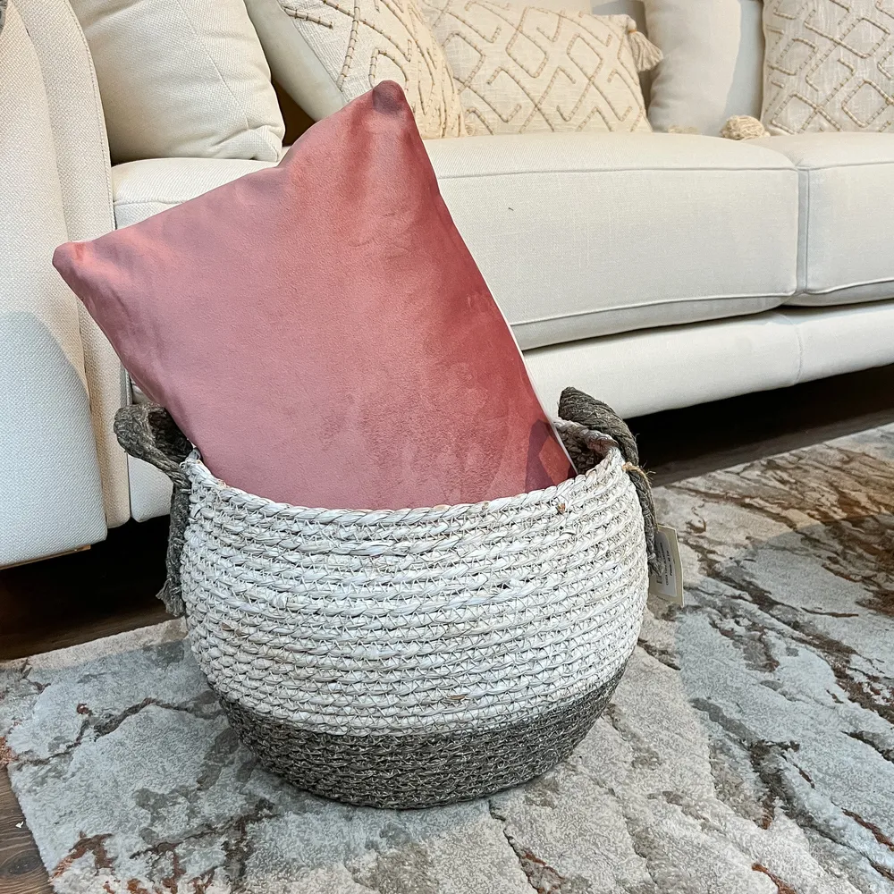 Cesta yute redonda blanca y gris Petra Decora