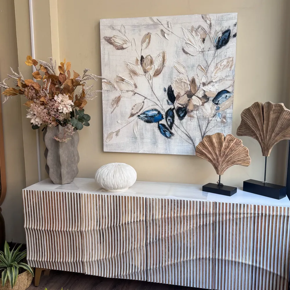 Cuadro lienzo botánico con relieve azul 100x100 cm Petra Decora