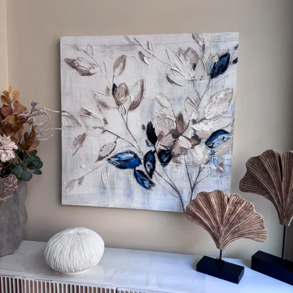 Cuadro lienzo botánico con relieve azul 100x100 cm Petra Decora