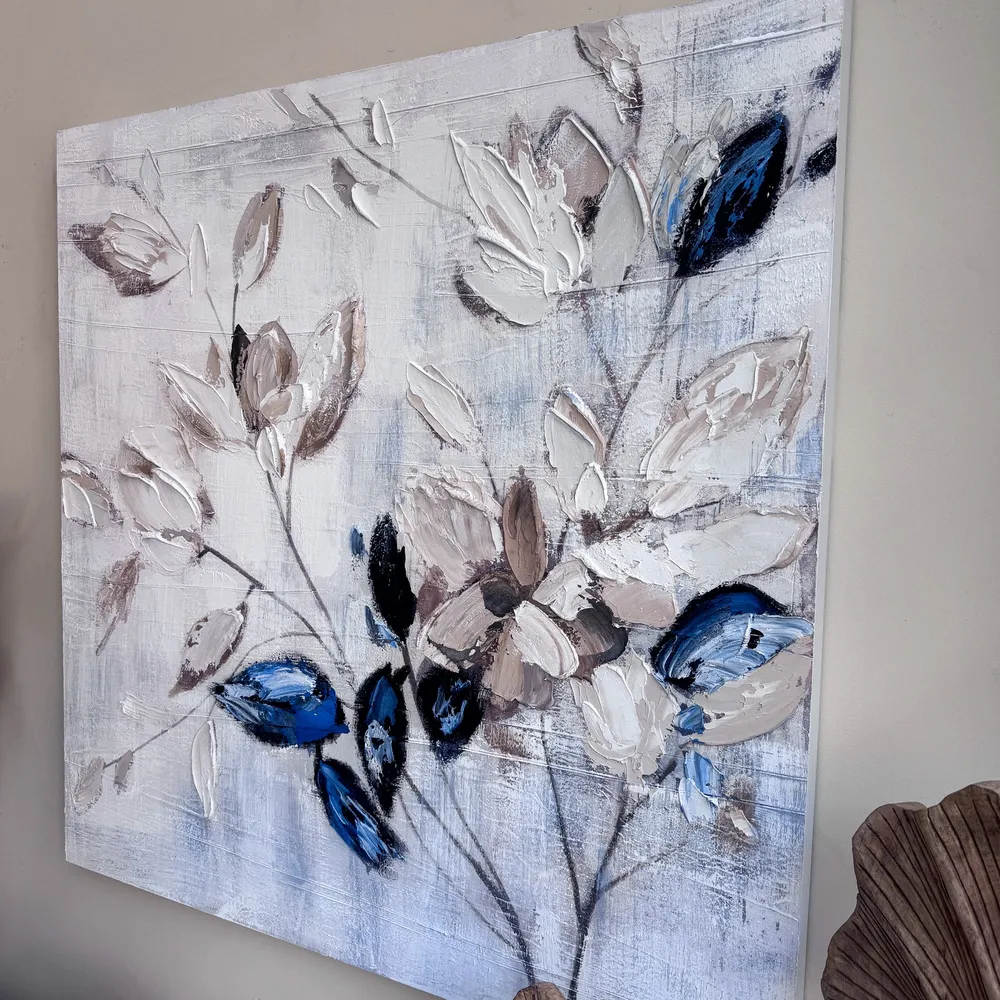 Cuadro lienzo botánico con relieve azul 100x100 cm Petra Decora