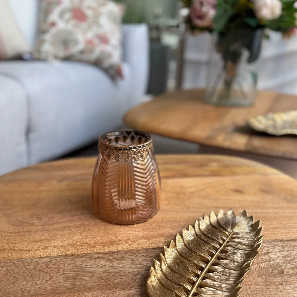 Portavelas ámbar grabado dorado 13 cm Petra Decora