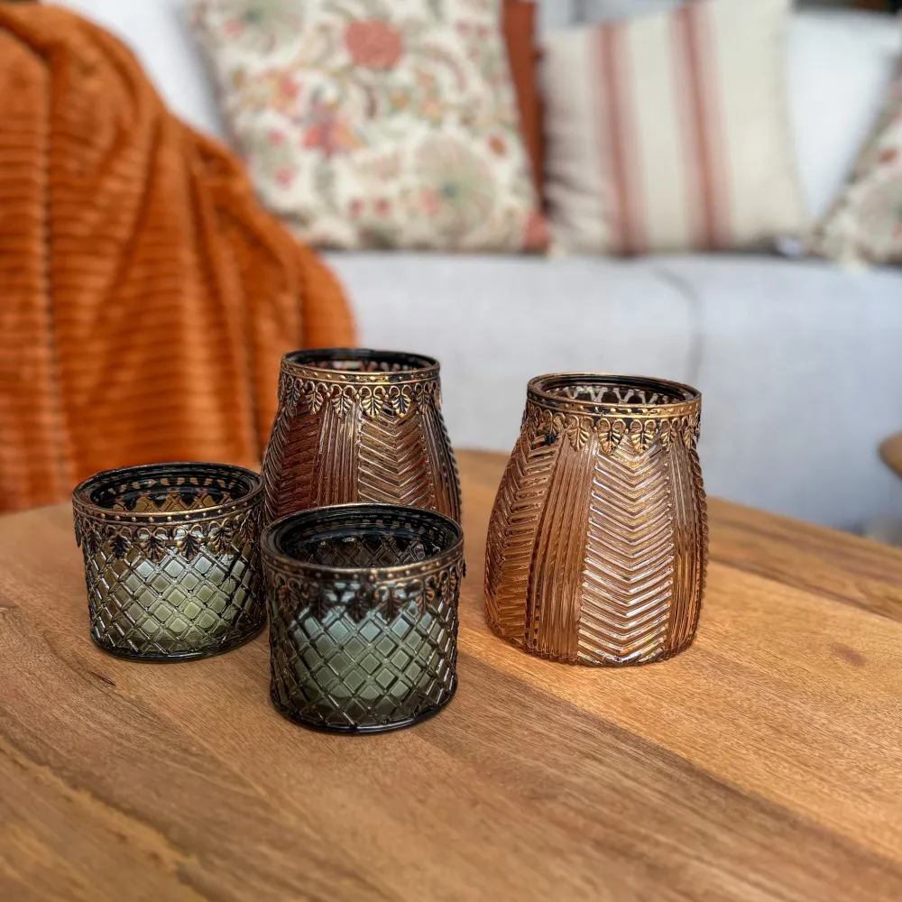 Portavelas ámbar grabado dorado 13 cm Petra Decora