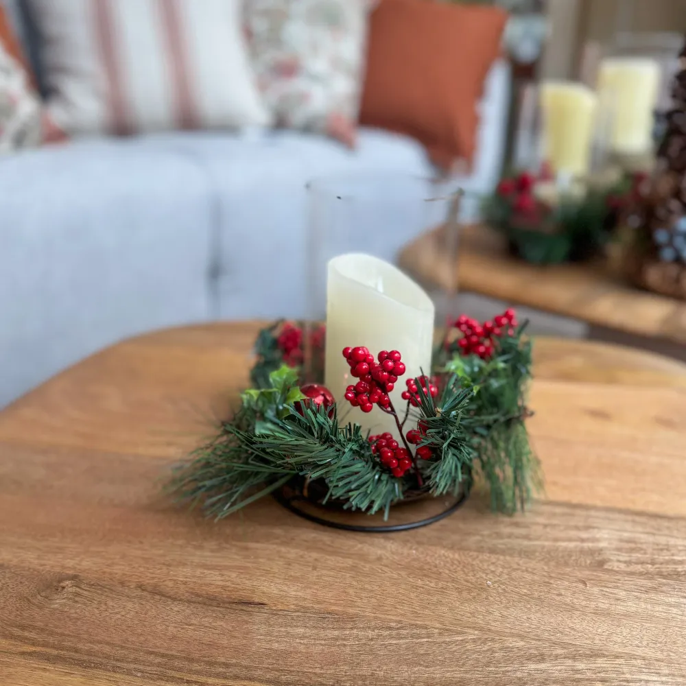 Portavelas navideño cristal acebo, ramas y bolas 25x25x20 Petra Decora