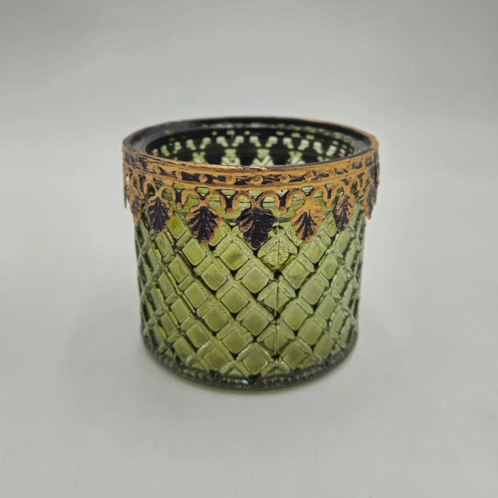 Portavelas verde grabado metal y cristal 8x7 cm Petra Decora