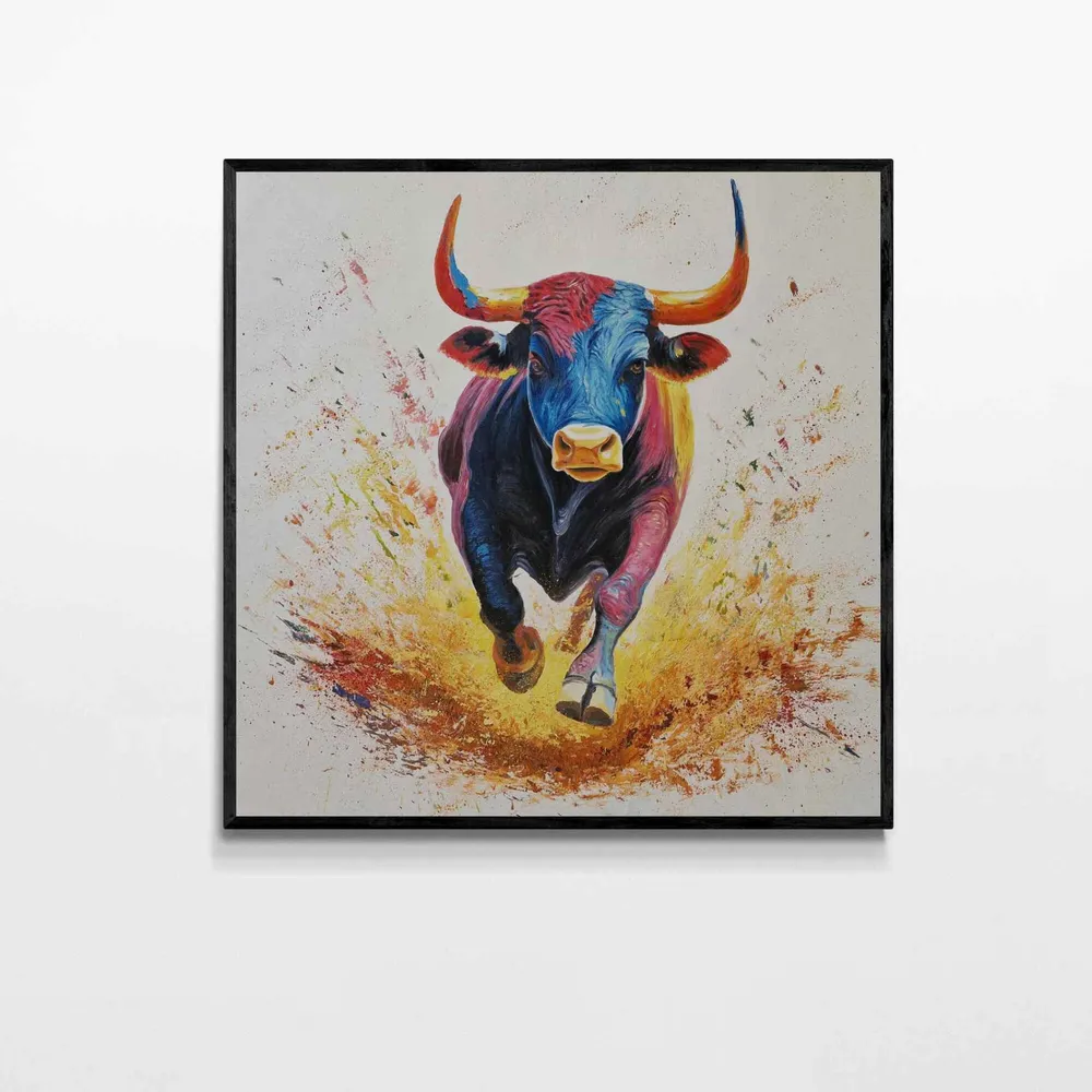 Pintura artística de toro moderno en colores vivos 90x90 cm