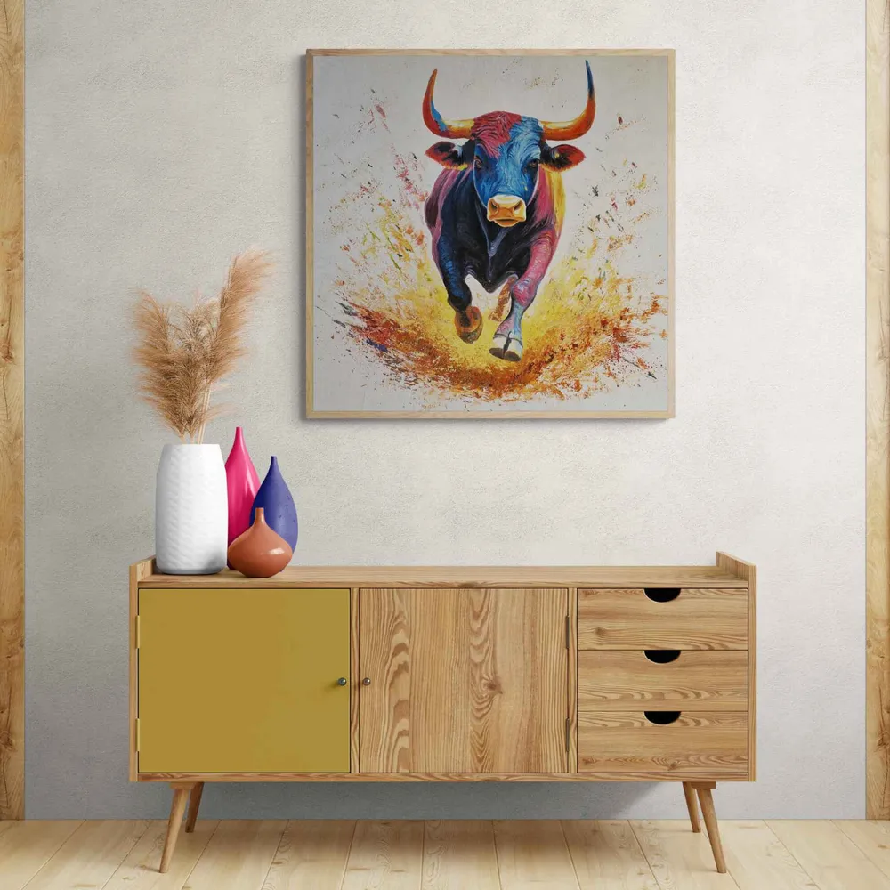 Pintura artística de toro moderno en colores vivos 90x90 cm