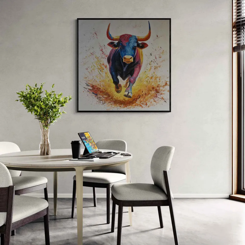 Pintura artística de toro moderno en colores vivos 90x90 cm