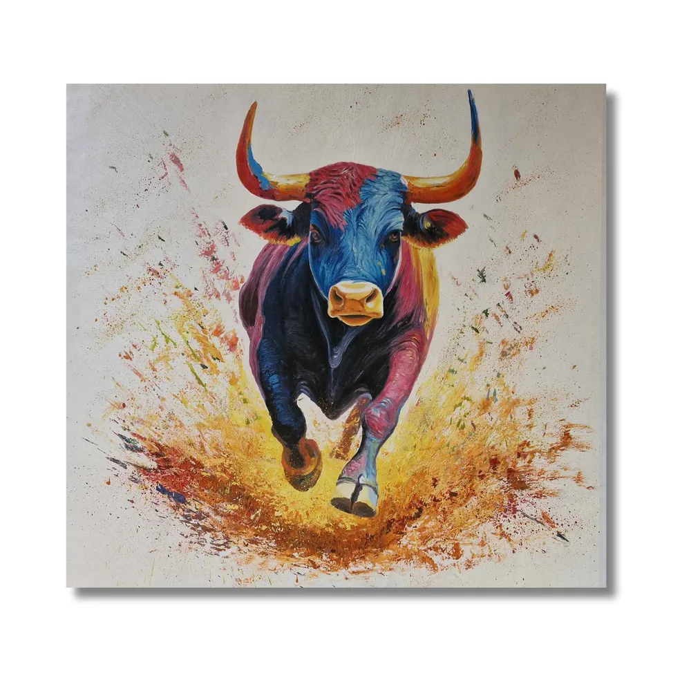Pintura artística de toro moderno en colores vivos 90x90 cm