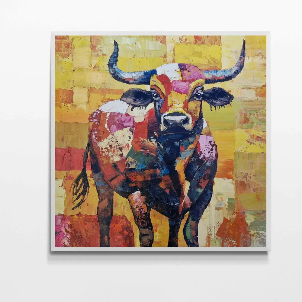 Pintura Óleo Toro Sinfoní de cuernos 102x102 cm