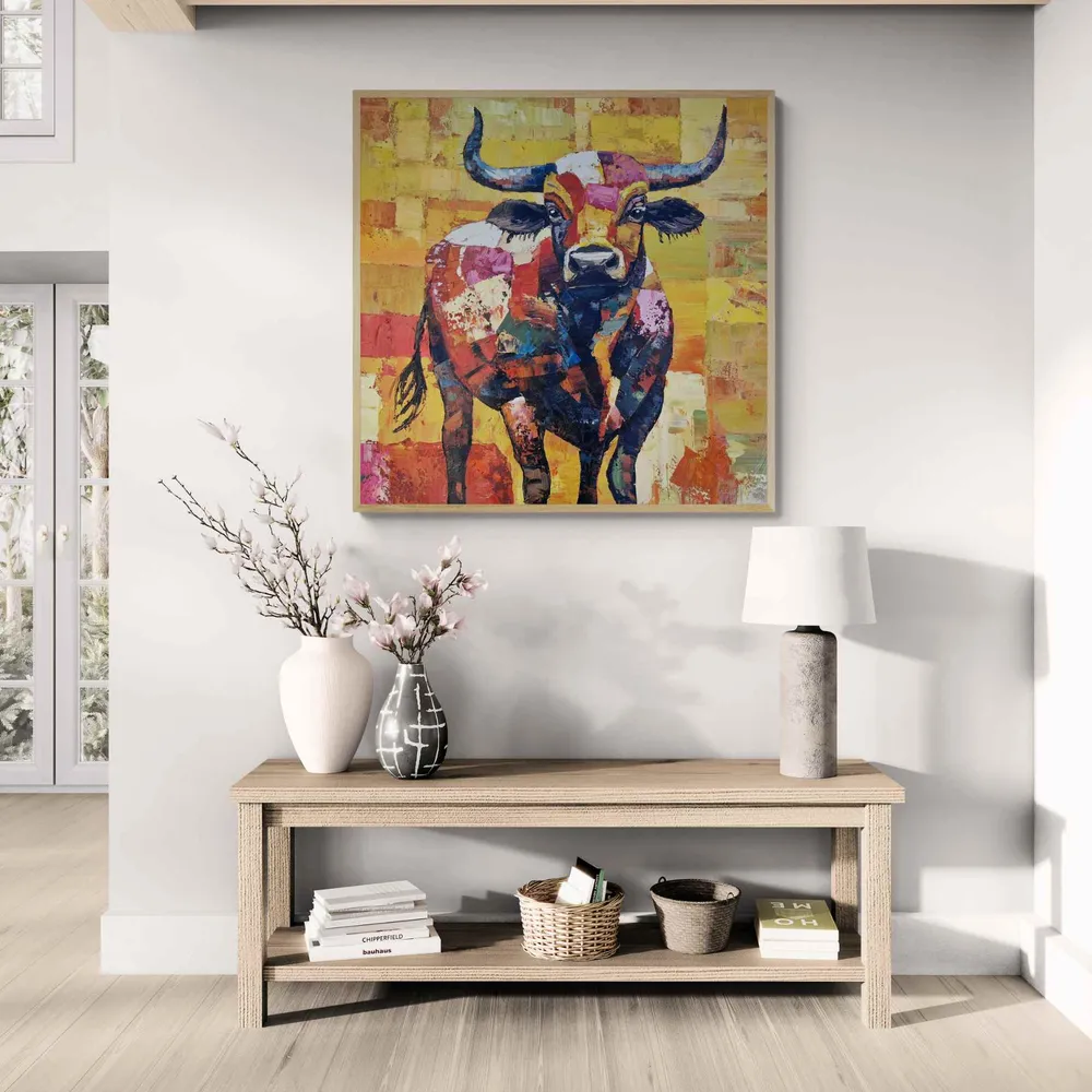 Pintura Óleo Toro Sinfoní de cuernos 102x102 cm