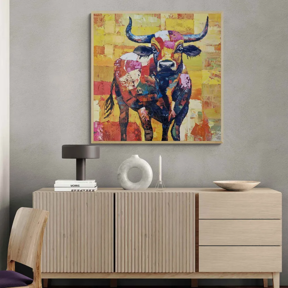 Pintura Óleo Toro Sinfoní de cuernos 102x102 cm