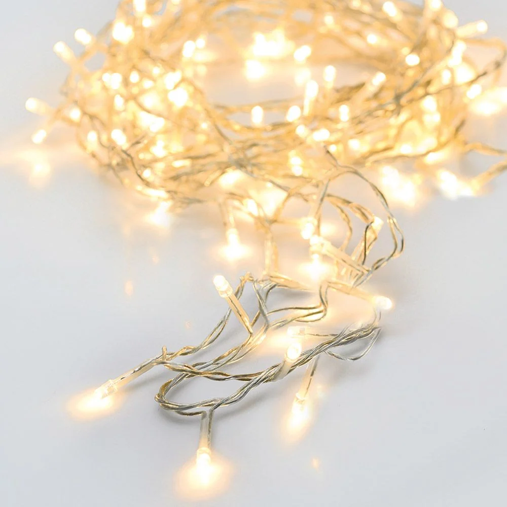 GUIRNALDA PILAS MULTIFUNCION 96 LEDS CABLE TRANSPARENTE LUZ BLANCO CALIDO 7,5 m Pinturas y Tarimas Ideas