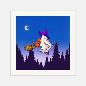 Un fantasma y un gato en una escoba voladora - Póster Posterscape Creative Studio