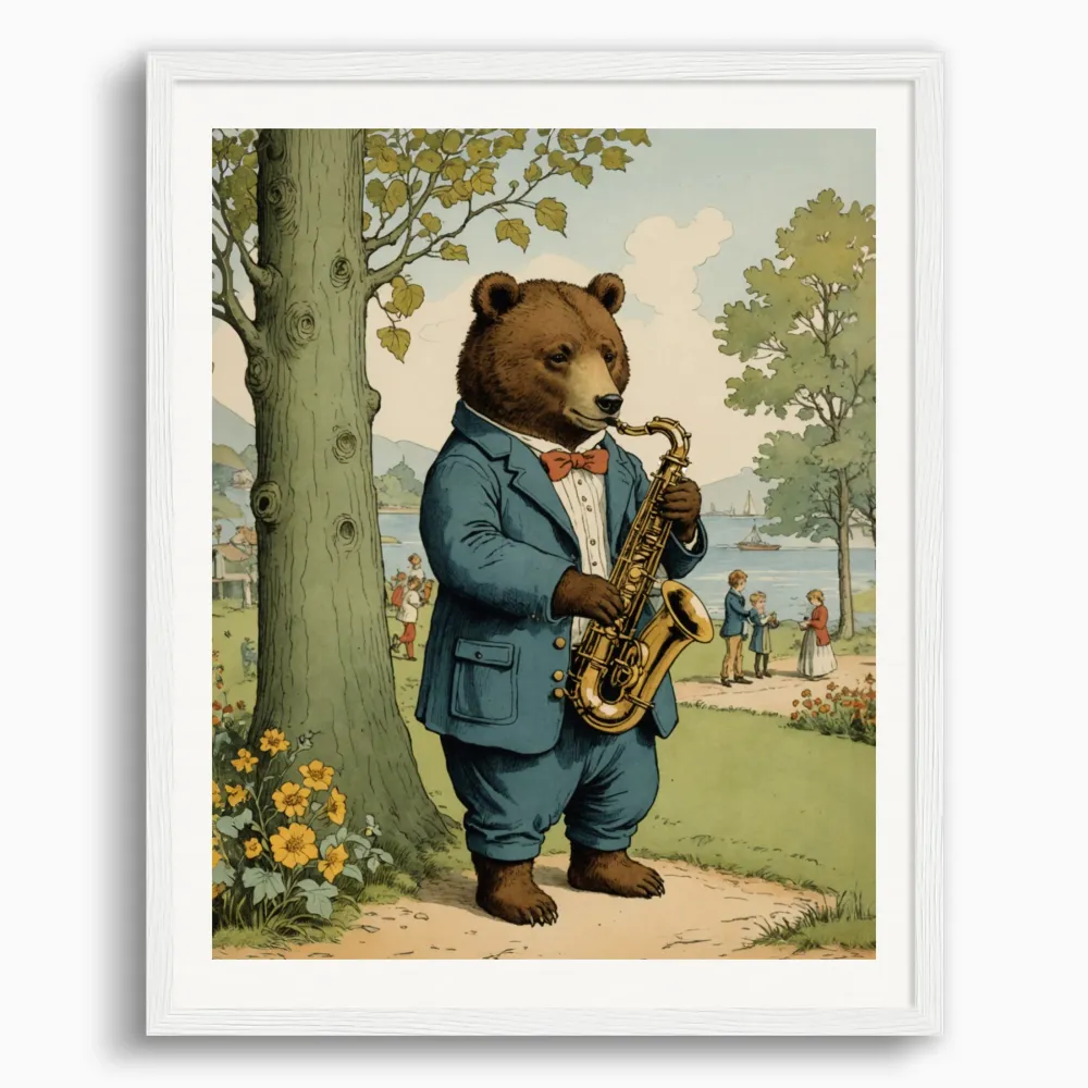 Ilustraciones británicas, inocentes y nostálgicas de la infancia, un oso tocando el saxofón - Póster Posterscape Creative...