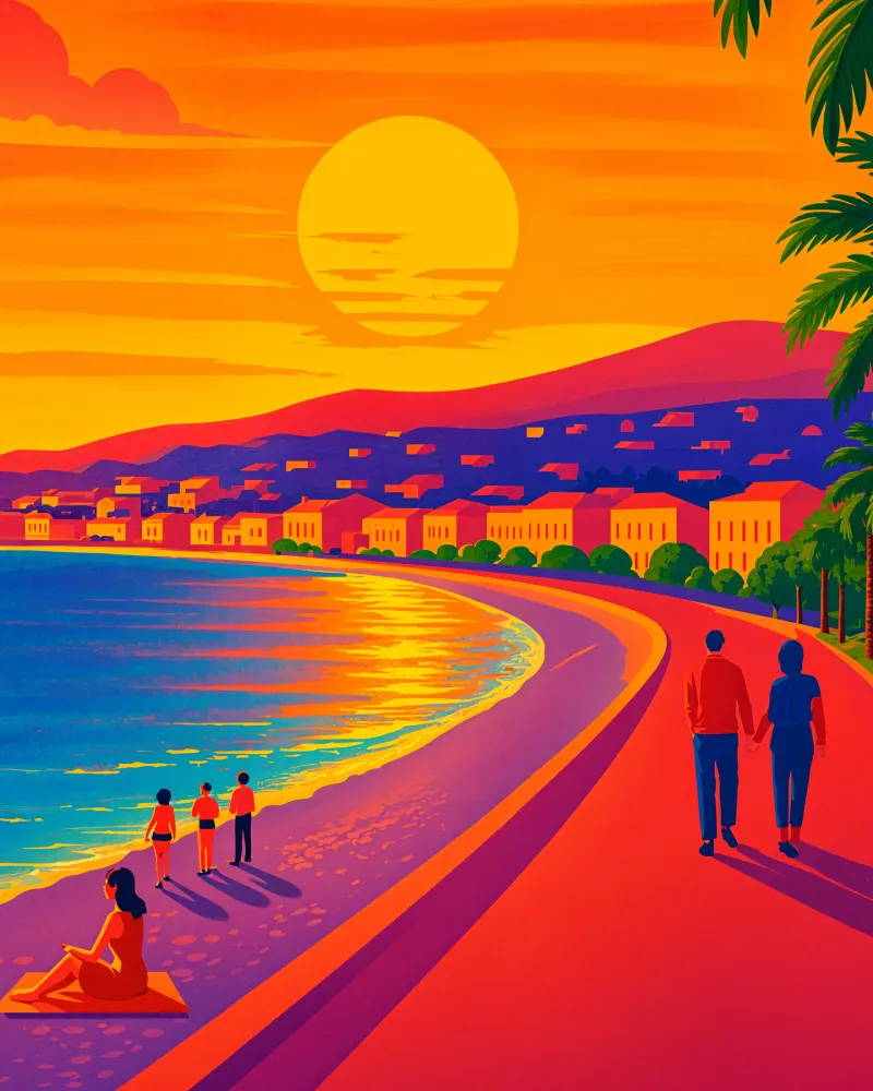Paseo al atardecer en Niza, Francia – Promenade des Anglais Póster Posterscape Creative Studio