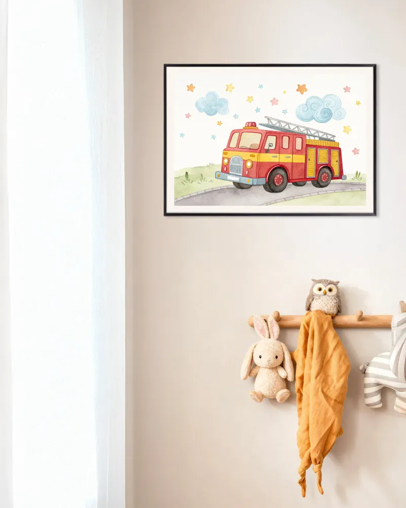 Póster de Camión de Bomberos - Arte de Pared para Cuarto Infantil de Niños Posterscape Creative Studio