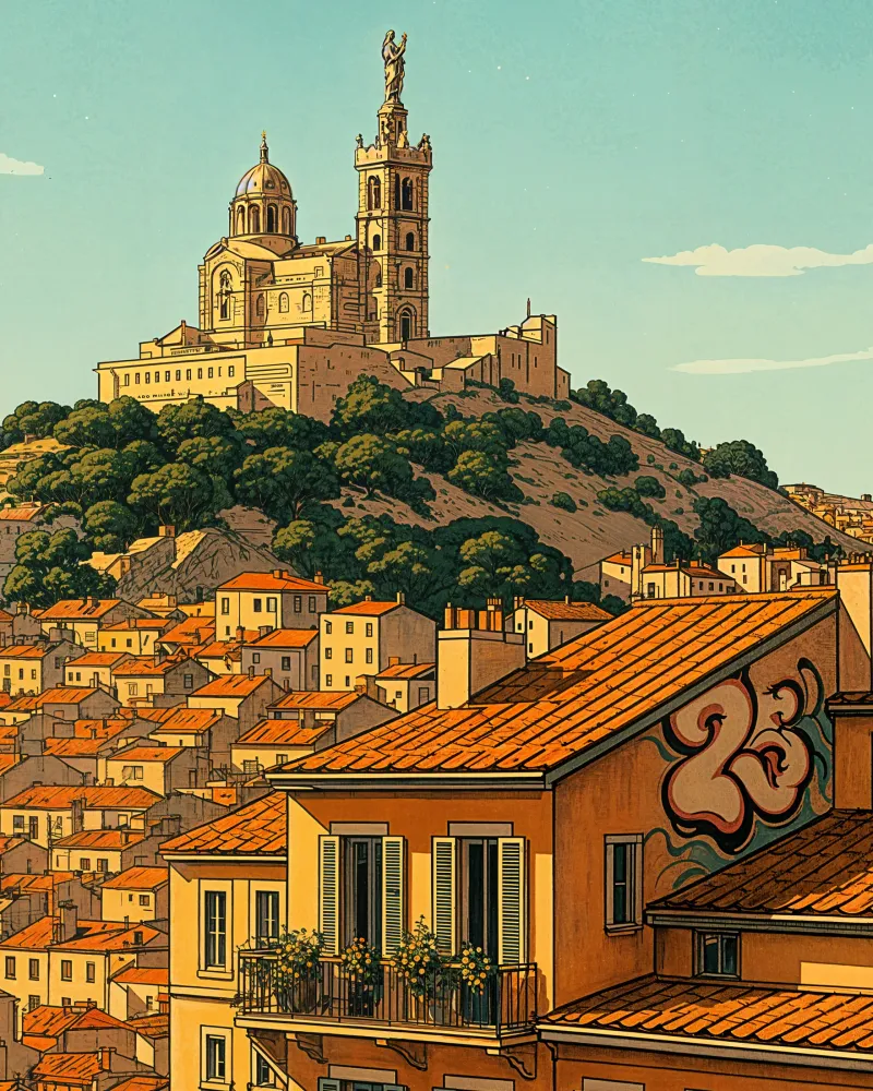 Póster de Marsella – Paisaje urbano de Notre-Dame de la Garde Posterscape Creative Studio