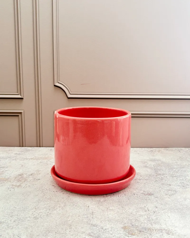 Maceta de cerámica rosa con plato Pot & Decor