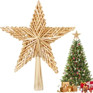 SALCAR Estrella de Paja para árbol de Navidad, 25 cm, Estrella de Paja, decoración Natural Hecha Mano para árboles de Navi...