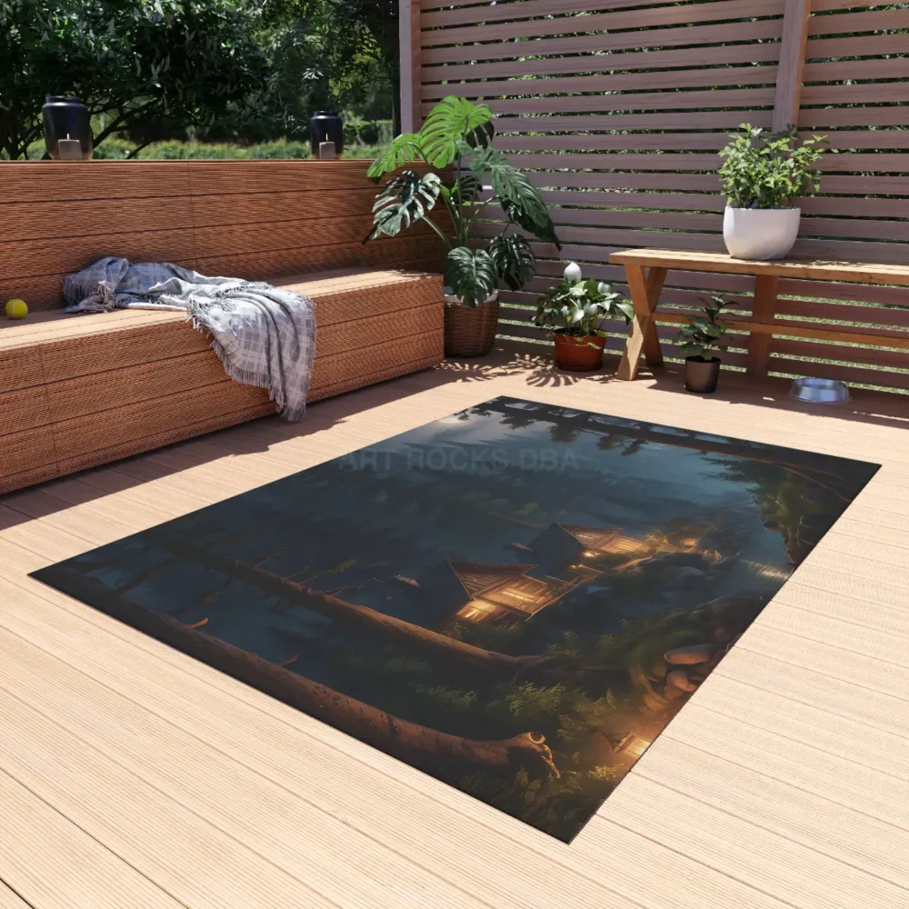 Alfombra de exterior "Cabañ Acogedora Nocturna", decoración para camping, tapete inspirado en la naturaleza, accesorio par...